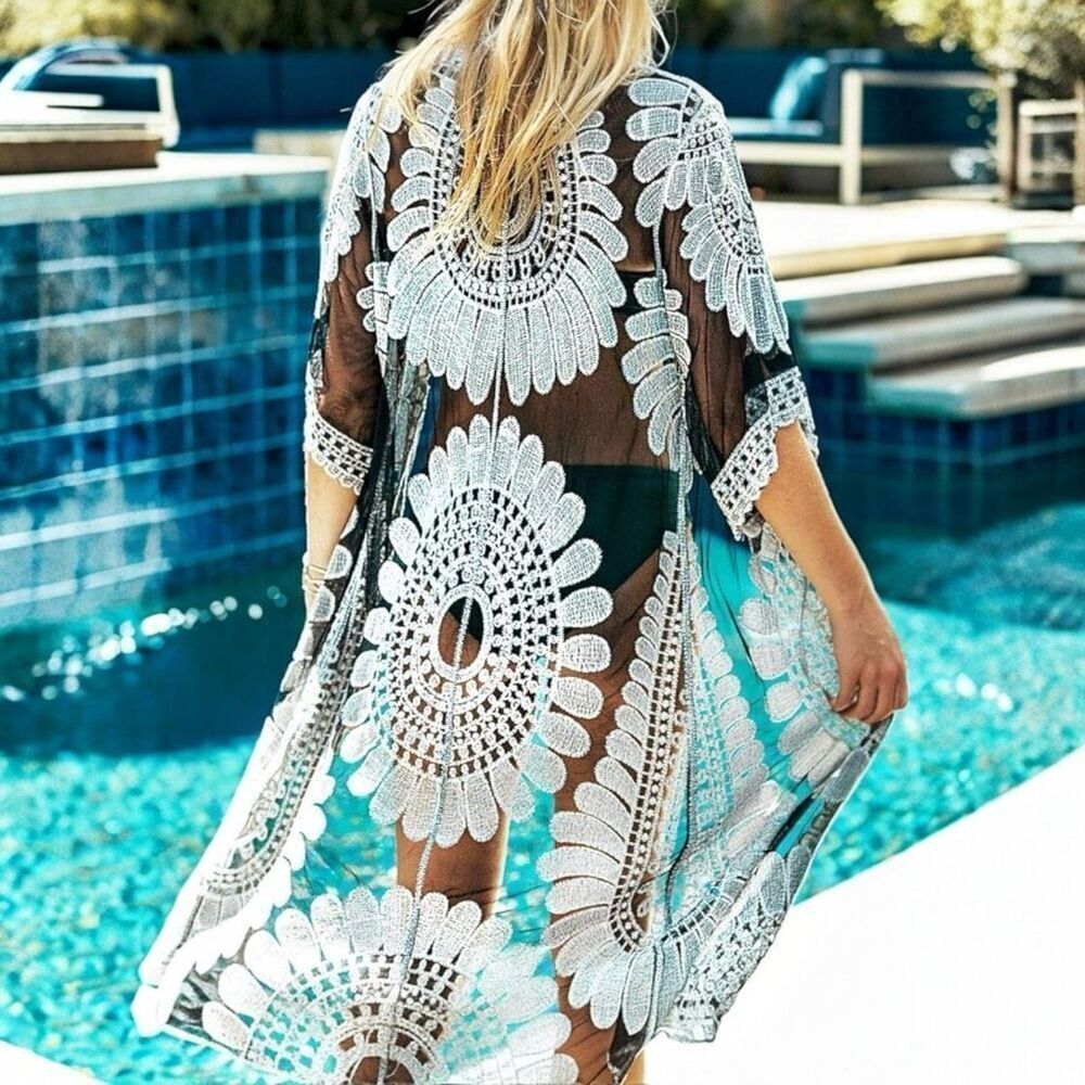 Cupshe (L) Black Bohemian Lace Crochet Kimono-Style Swim Coverup – Sheer Embroid